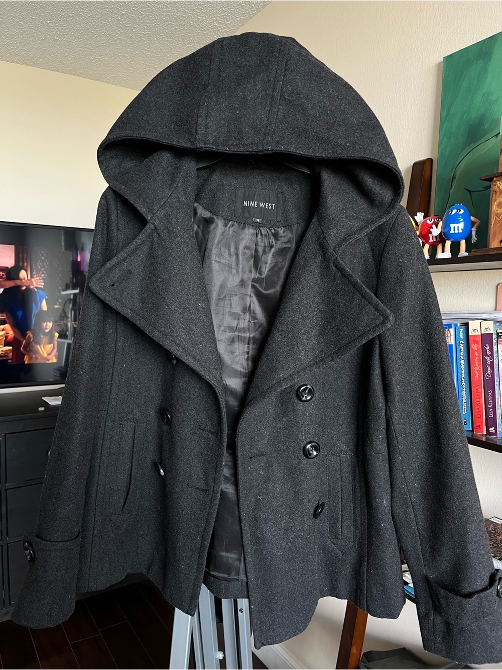 Nine West Charcoal Grey Wool Blend Hooded Double Breasted Peacoat Jacket 12